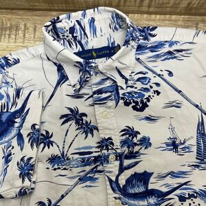 Ralph Lauren Button Shirt White Blue Marlin Sailboat Palm Trees Mens‎ Medium EUC
